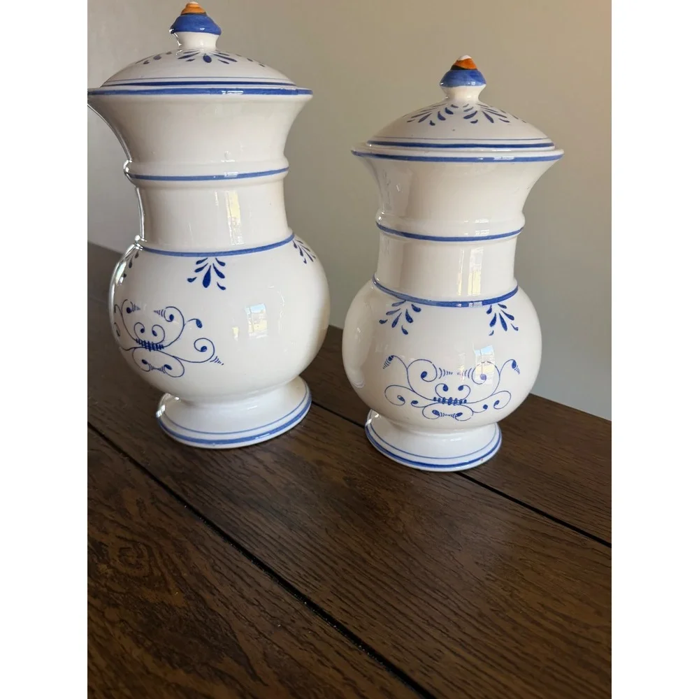 Blue Onion Style Canister Set White Blue Floral Hand Painted Flour Sugar Lids